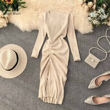 Load image into Gallery viewer, YuooMuoo Ins Fashion Autumn Dress 2019 New Design Drawstring Split Ruched Dress Elegant Knitted Women Dress Office Work Dress