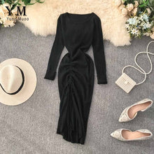 Load image into Gallery viewer, YuooMuoo Ins Fashion Autumn Dress 2019 New Design Drawstring Split Ruched Dress Elegant Knitted Women Dress Office Work Dress