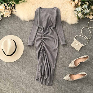 YuooMuoo Ins Fashion Autumn Dress 2019 New Design Drawstring Split Ruched Dress Elegant Knitted Women Dress Office Work Dress