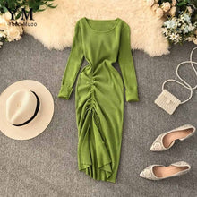 Load image into Gallery viewer, YuooMuoo Ins Fashion Autumn Dress 2019 New Design Drawstring Split Ruched Dress Elegant Knitted Women Dress Office Work Dress