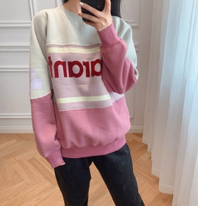 New Women Cotton Letter Sweatshirt Autumn Winter Long Sleeve O Neck Patchwork Femme Loose Pull Top