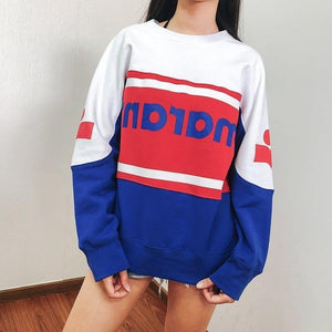 New Women Cotton Letter Sweatshirt Autumn Winter Long Sleeve O Neck Patchwork Femme Loose Pull Top