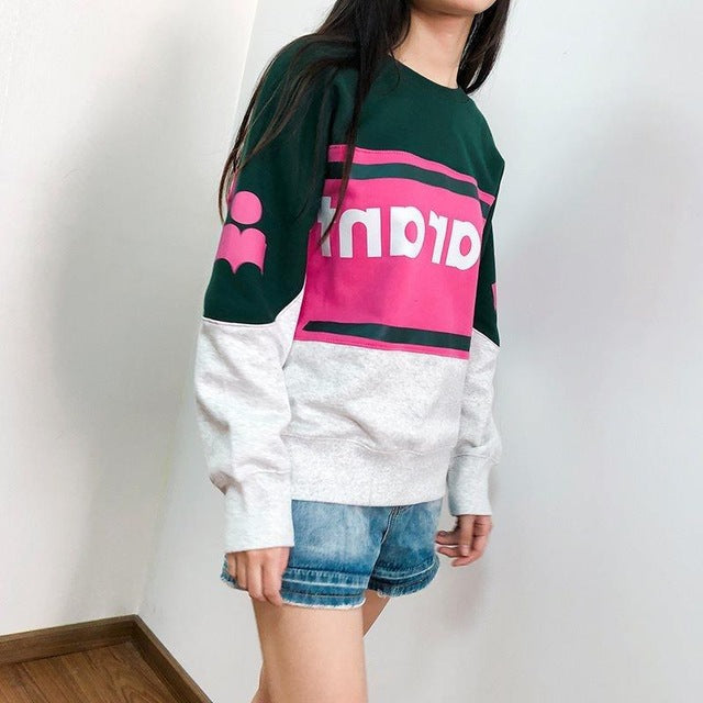 New Women Cotton Letter Sweatshirt Autumn Winter Long Sleeve O Neck Patchwork Femme Loose Pull Top