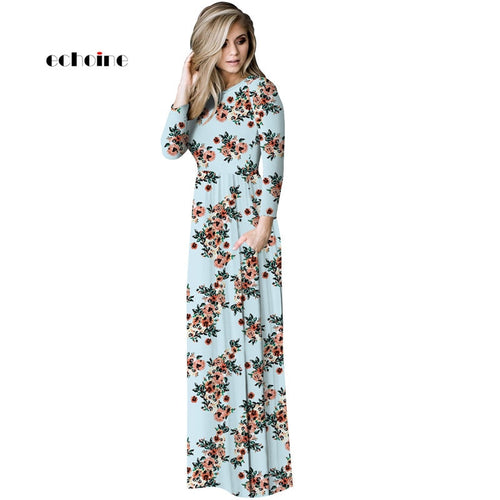 Echoine Casual Bohemian Dress Women Floral Print O-Neck Long Sleeve Loose Pocket Graceful Floor Length Female Holiday Outerwear