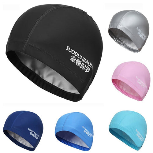 New 2019 Elastic Waterproof PU Fabric Protect Ears Long Hair Sports Swim Pool Hat Swimming Cap Free size for Men & Women Adults